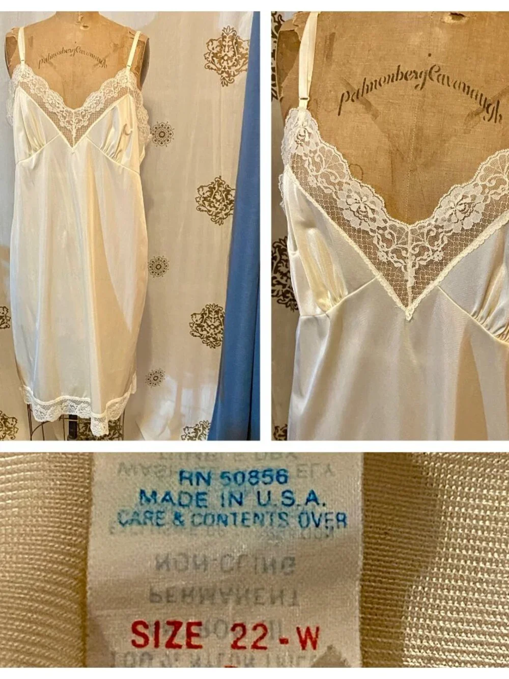 Vintage Cream Ivory Nylon Full Slip LACE Chiffon Bodice USA 22 XL Coquette Sissy - Picture 1 of 6